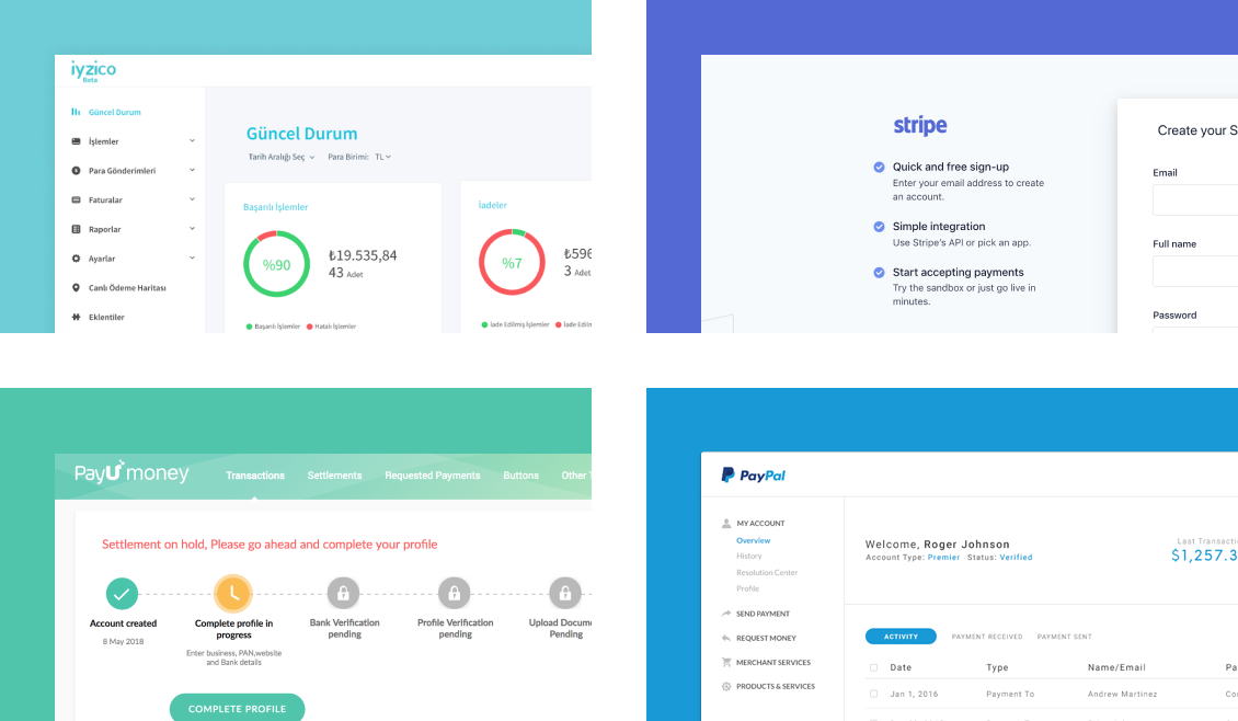 4-up competitor screens showing iyzico, Stripe, PayU, and PayPal dashboards